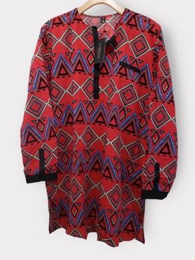 Bold Red Geometric Tunic with Contrasting Trim